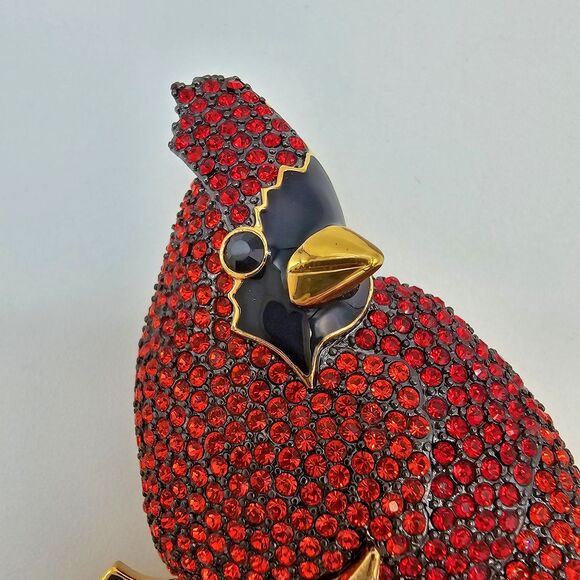 Joan Rivers Cardinal Brooch Vtg Pave Crystal Bird Enamel Holly Holiday Winter - Picture 3 of 14